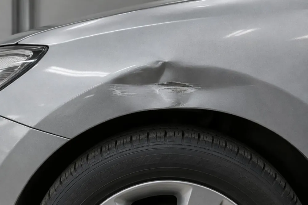 Dent and scraped paint on a silver vehicle fender above the wheel arch