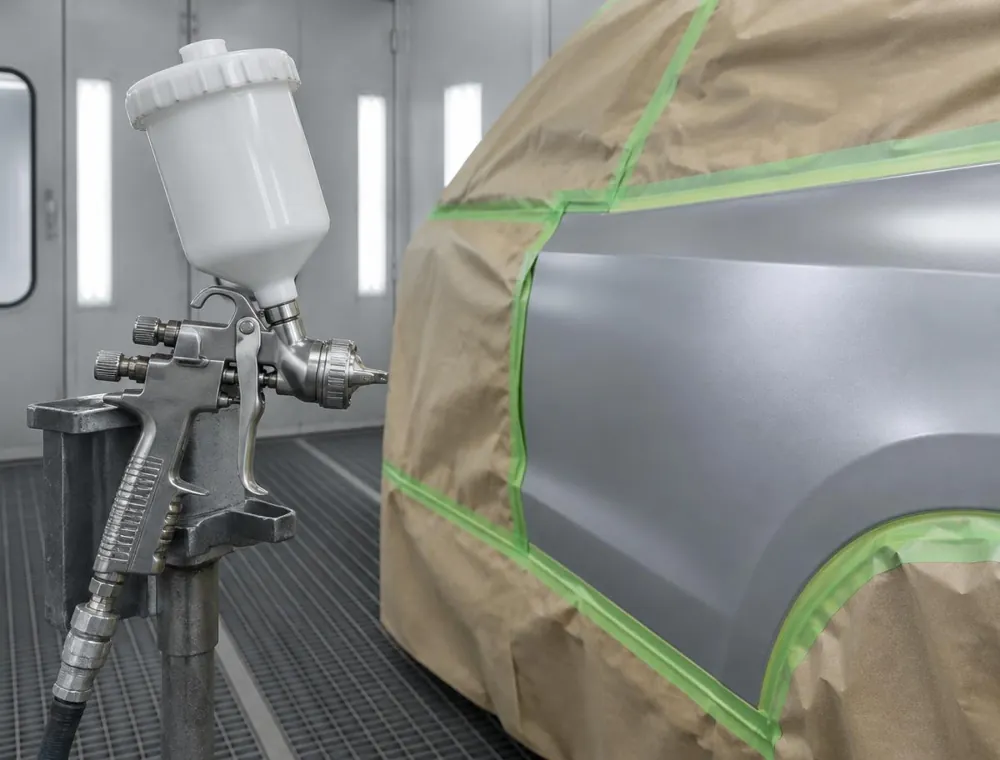 Spray gun beside a vehicle panel covered with masking paper and tape in a paint booth
