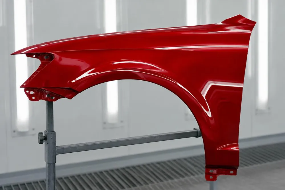 Glossy red body panel on a stand under paint booth lights